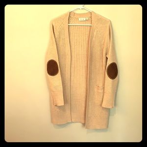 Long cardigan with brown elbow patches